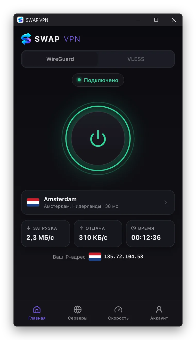 Окно SWAP VPN для Windows: VPN подключён к серверу в Амстердаме