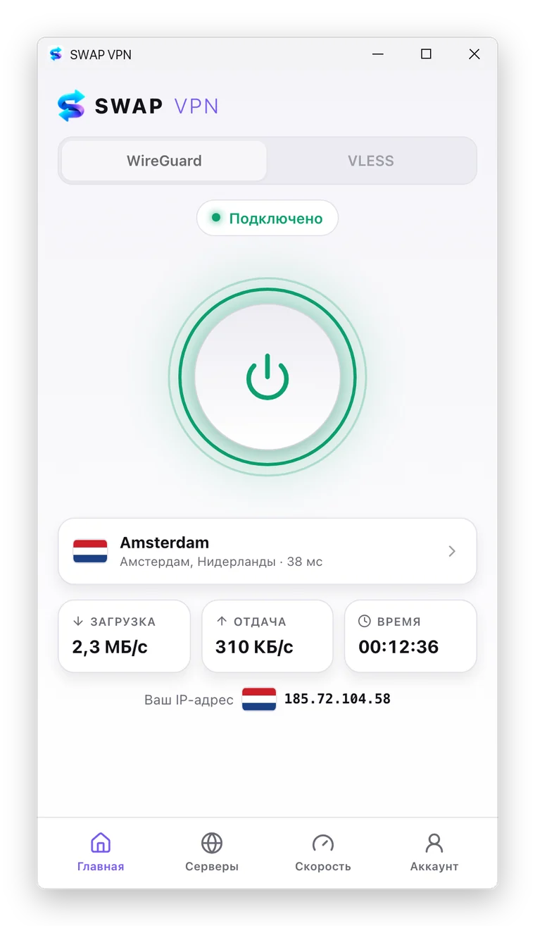 Окно SWAP VPN для Windows: VPN подключён к серверу в Амстердаме